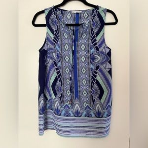 Rose & Rhyme Blue Geometric Print Sleeveless Top w/Front Tie - Size XS